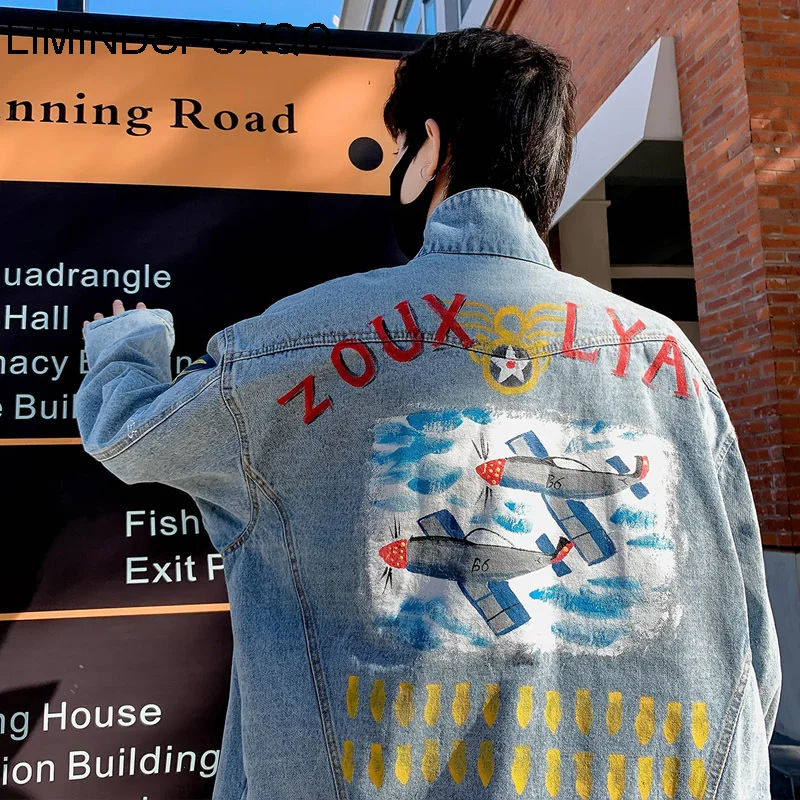 

2021 Denim Jacket Womens Cartoon Print Oversized Spring Autumn Clothes Streetwear Harajuku Woman Jean Coats Lapel Loose Female