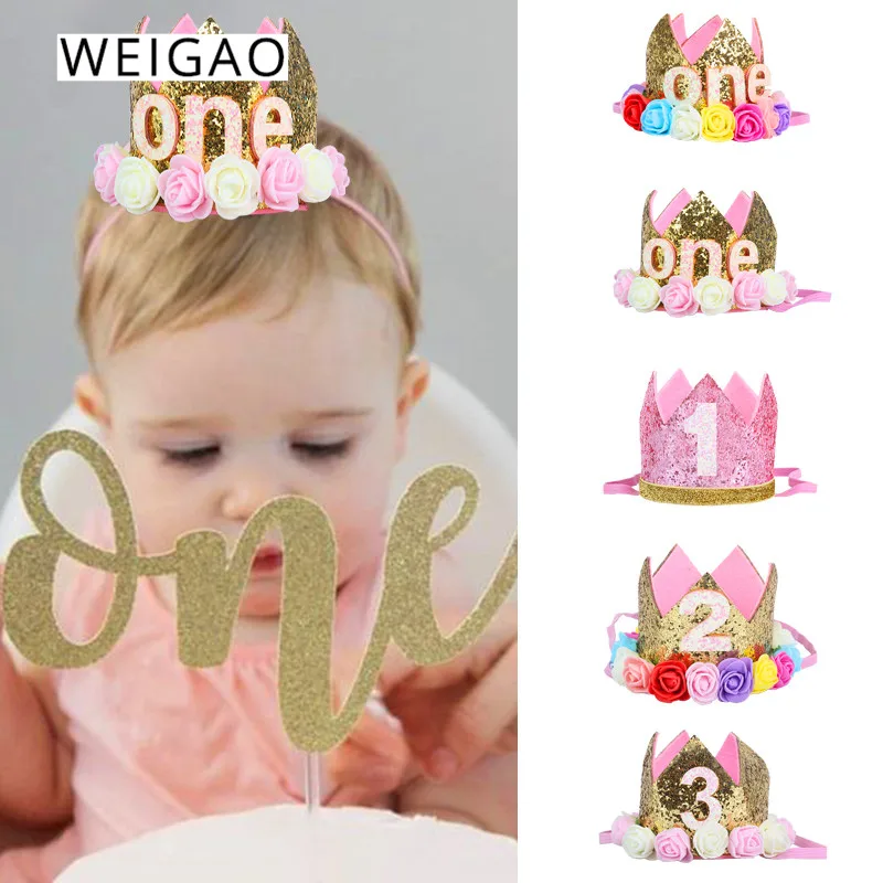 WEIGAO 1/2/3 шапки для вечеринки в честь Дня Рождения, украшение на один день рождения, шапка принцессы, корона, детский ободок для дня рождения, 1, 2, 3 года, Декор