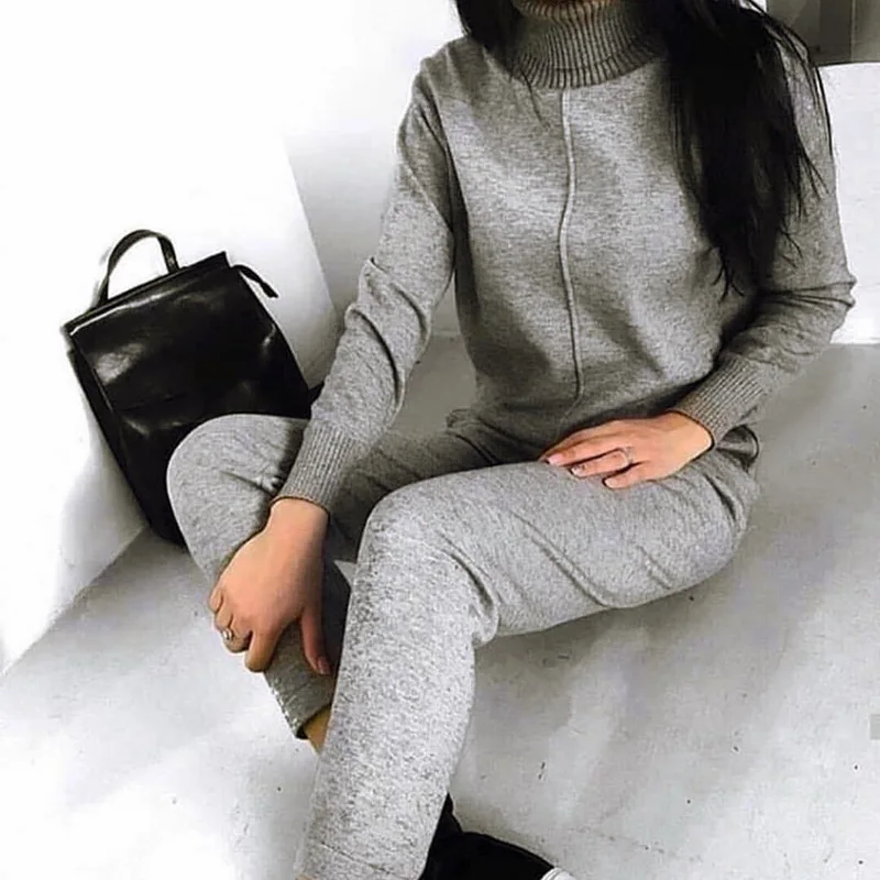 Комплект из 2 предметов женская зимняя Осенняя вязаная спортивная одежда свитер