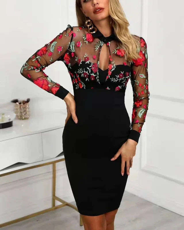 

High quality black long sleeve fiber decoration Prom chic Dress