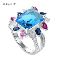 brass big rectangle blue zircon ring with multi color crystal pretty womens jewellery large fashion rings for statement
