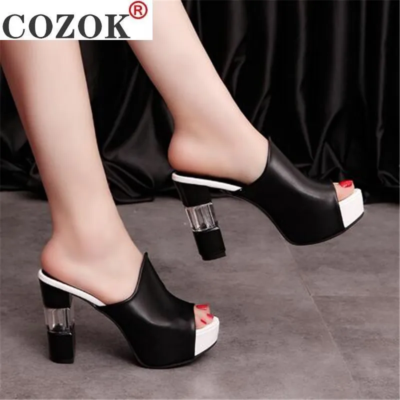 

Women Sexy High Heel Mules Clogs Black Peep Toe Platform Mules Ladies Leather Sole Slippers Femal Slip On Sandals Shoes YUI235