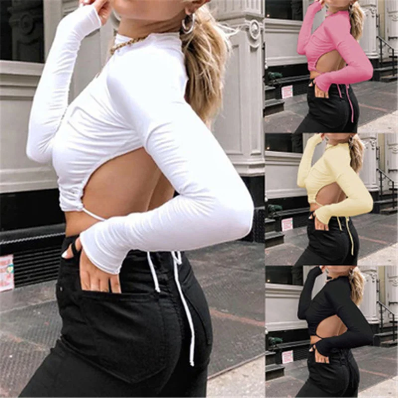 

Long Sleeve Solid Backless Shirt For Women Sexy High Street O Neck Lace Up Bow knot Tie Blouse 2021 Summer New Slim Casual Tops
