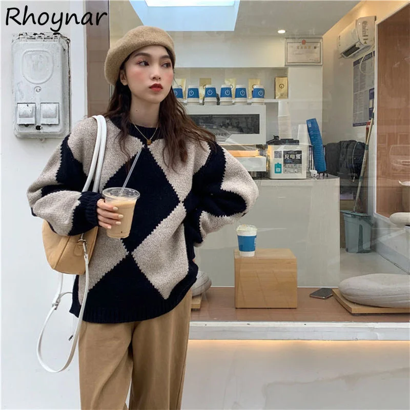 

Vintage Sweater Women Argyle Harajuku Loose Long Sleeve Knitting Pullover Autumn Preppy Style Ulzzang Fashion BF Female Leisure