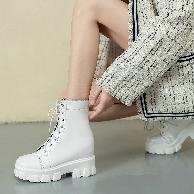 

MEMUNIA 2020 hot sale ankle boots women pu round toe lace up autumn winter fashion casual shoes wedges platform shoes woman