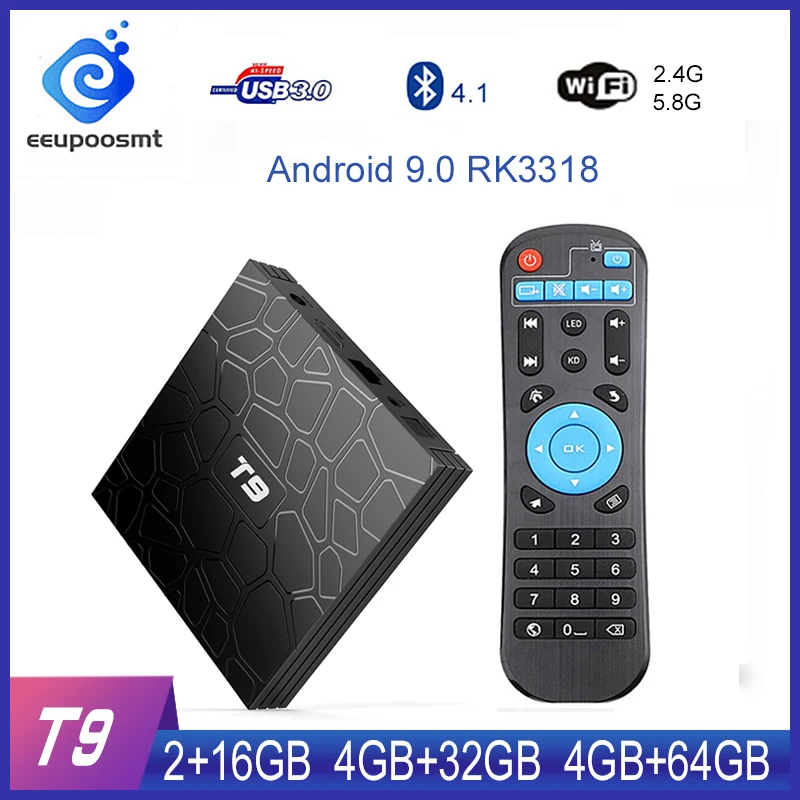 Android 9 0 T9 ТВ коробка 4 Гб оперативной памяти 32 встроенной памяти/64 ГБ Смарт с двумя