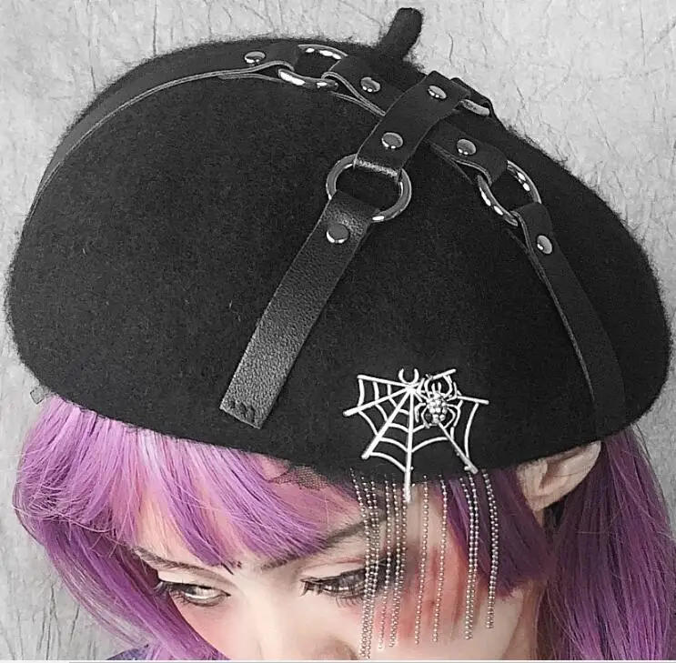 

Goth Beret Cap Black Hat Rivet Women Spring