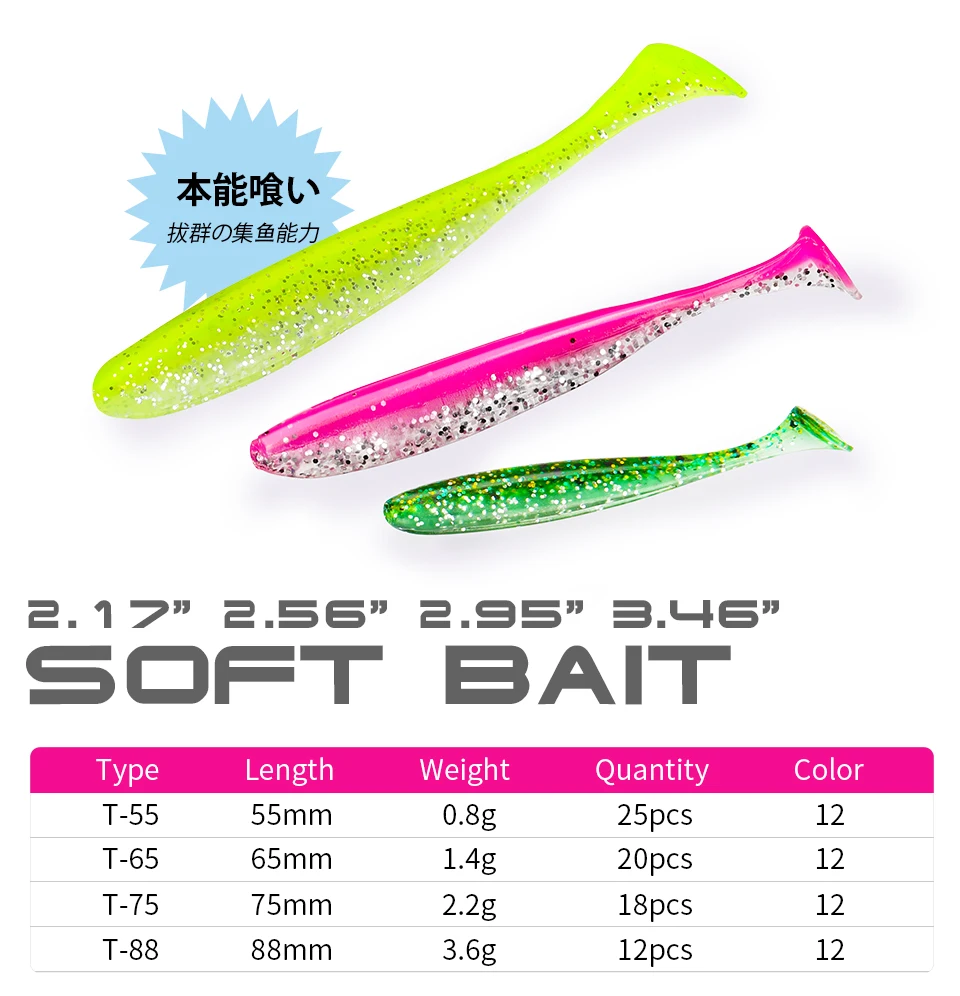 Description Picture 5 of itemTSURINOYA Fishing Lure Soft Baits 55mm 65mm Shad Worm Wobblers Double Color Silicone Artificial T Tail Lures For Bass Pike