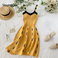 young gee knitted contrast color sexy v neck spaghetti strap summer mini dress women casual party yellow black sweater dresses