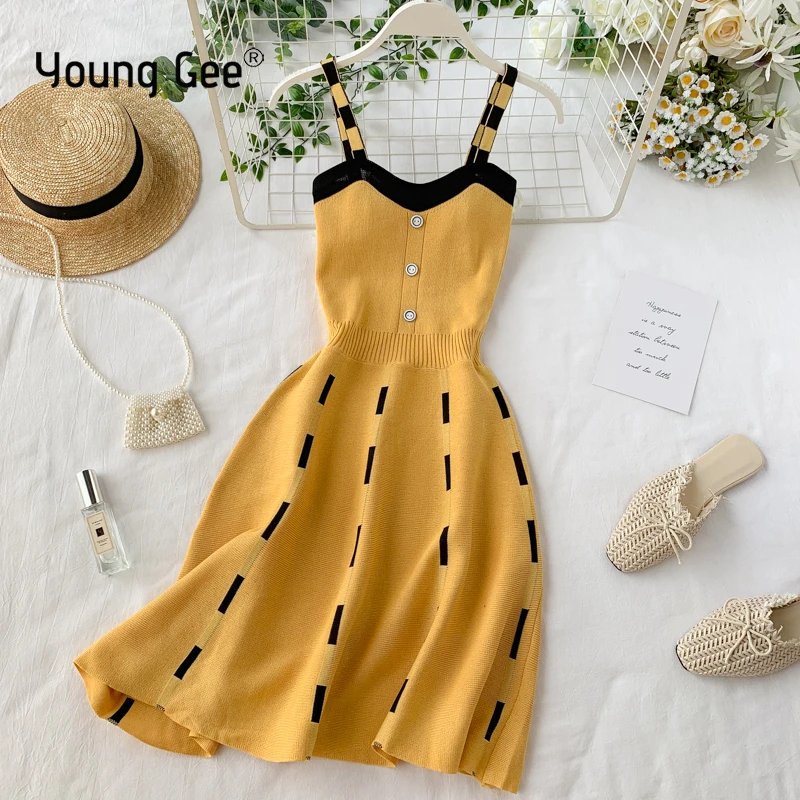 Женское трикотажное мини-платье Young Gee Повседневное платье на бретелях-спагетти