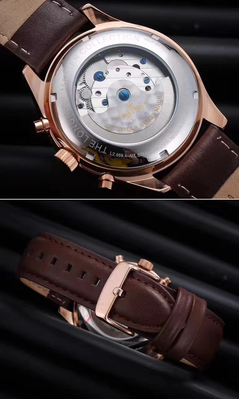 

Classic New Men Watch Stainless Steel Sapphire Blue Automatic Mechanical Brown Leather Perpetual Calendar Moonphase White
