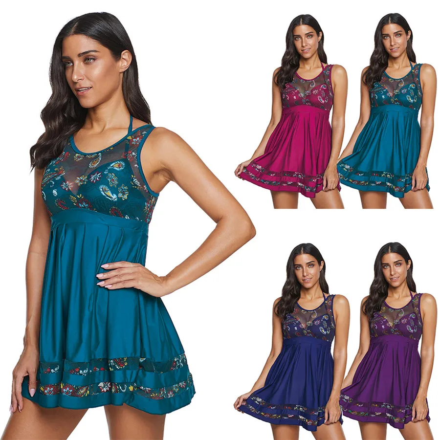 Новый купальник большого размера женский Цельный с принтом лямкой на шее