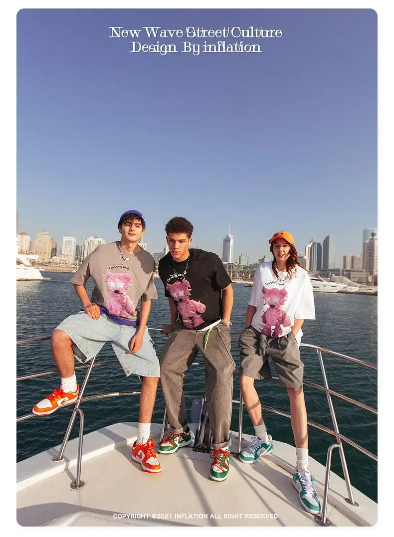 

100% Cotton Harajuku Style Reflective Bear Print T-shirt Male Hong Kong Style Lazy Loose Student Casual Shirt Plus Size