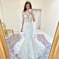 elegant appliques lace mermaid wedding dress with long tulle shawl unique sleeveless floor length bridal gowns vestido de novia