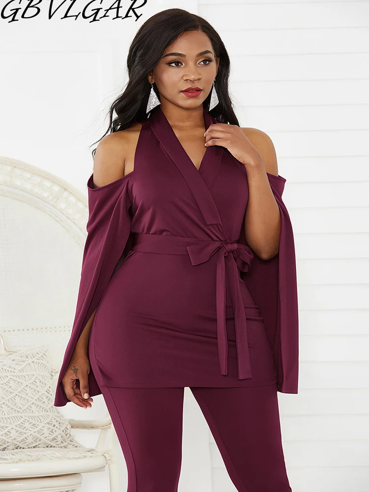 

Women Going Out Party Black Cloak Sleeve Jumpsuits Casual V-Neck Top Cape Skirt Pencil Pants Suit Winter Lady Jumpsuit With Belt