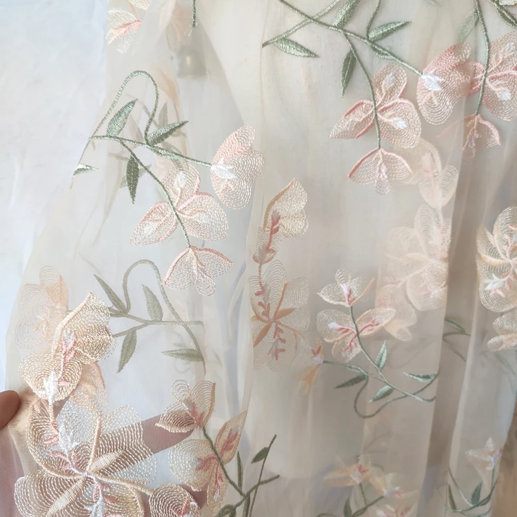 1 метр цена Новинка розовые зеленые цветы листья кружевная ткань абрикосовая