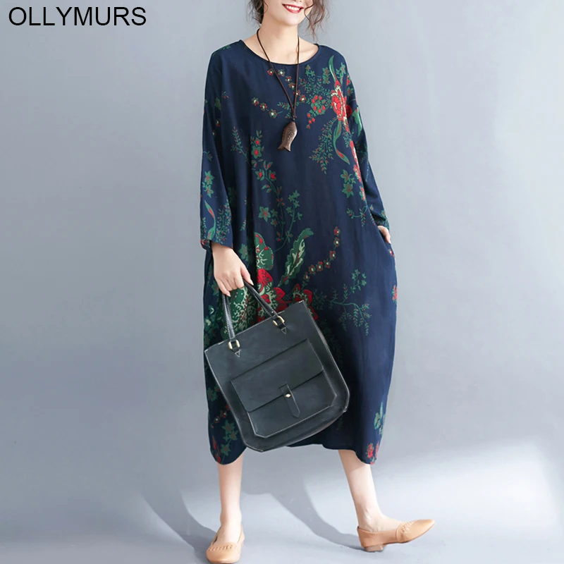 Элегантное хлопковое льняное платье свободного кроя с длинным рукавом размера