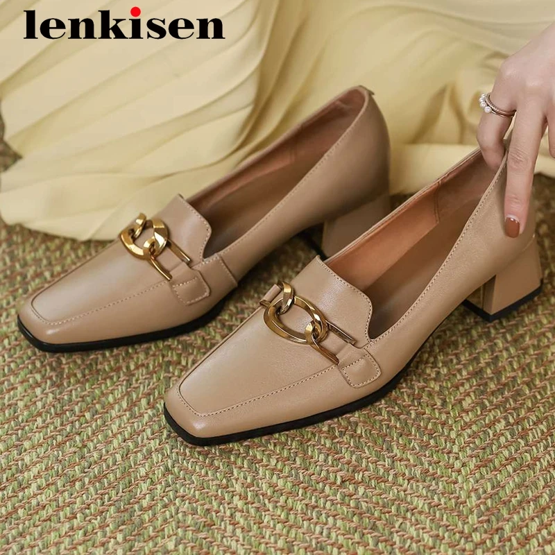 

Lenkisen business casual genuine leather chain decorations square toe thick med heel slip on office lady dress women pumps L94