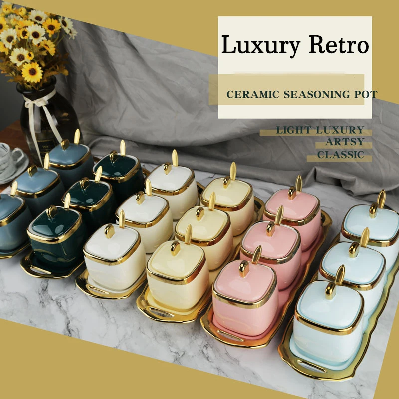 ceramic spice jars sets oil soy sauce vinegar seasoning bottle sugar container salt pepper shakers kitchen accessories organizer free global shipping