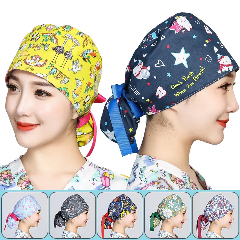 1pcs Scrub Cap Bouffant Hat With Sweatband Doctor Nurse Dental Clinic Beauty Salon Working Caps Long Hair Hat Ponytail Lab Cap