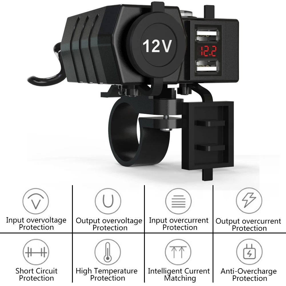 

5V 3.1A Adapter Power Supply Dual USB Port 12V Cigarette Lighter Socket Motorcycle Handlebar Phone Charger Digital Display