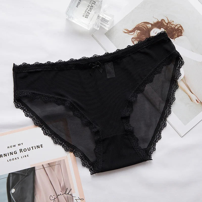 Black 3pcs 3 шт Сексуальные Кружевные Трусики бесшовное женское нижнее белье трусы нейлоновая сетка для дам тонкое хлопковое прозрачное белье - Цвет: Black 3pcs