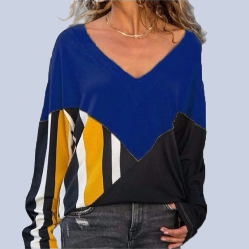 2019 Новая Осенняя полосатая футболка с v-образным вырезом и длинными рукавами