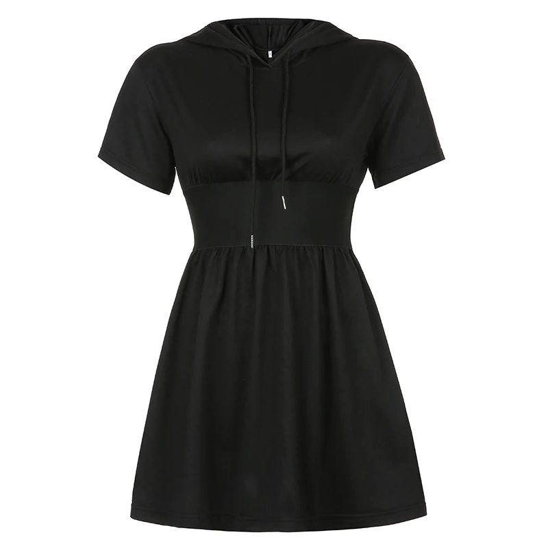 

Rockmore Hooded Short Sleve Dress Party A-Line Dresses Women Y2K Vintage Casual Sundress Summer Female Plus Size Korean Black