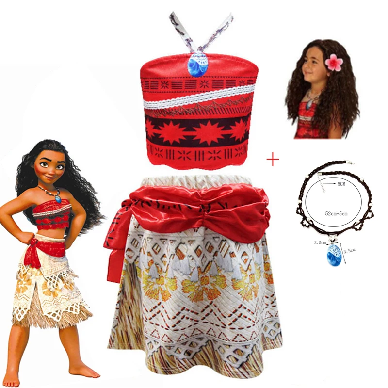 

Baby Girls Moana Costume Kids Vaiana Cosplay Birthday Party Clothing Sets Tops and Skirt Necklack Wig Children's Princess Dress