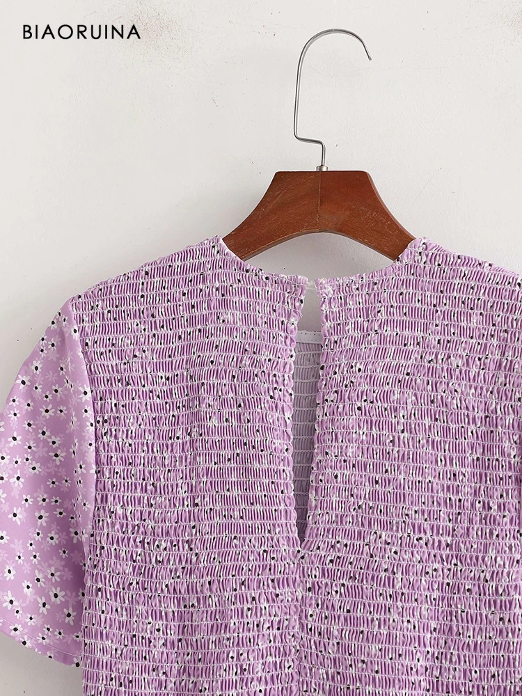 

BIAORUINA Women's Holiday Style Printed Purple High Waist Cascading Long Dress Round Neck Female Short Sleeve Fashion Midi Dress