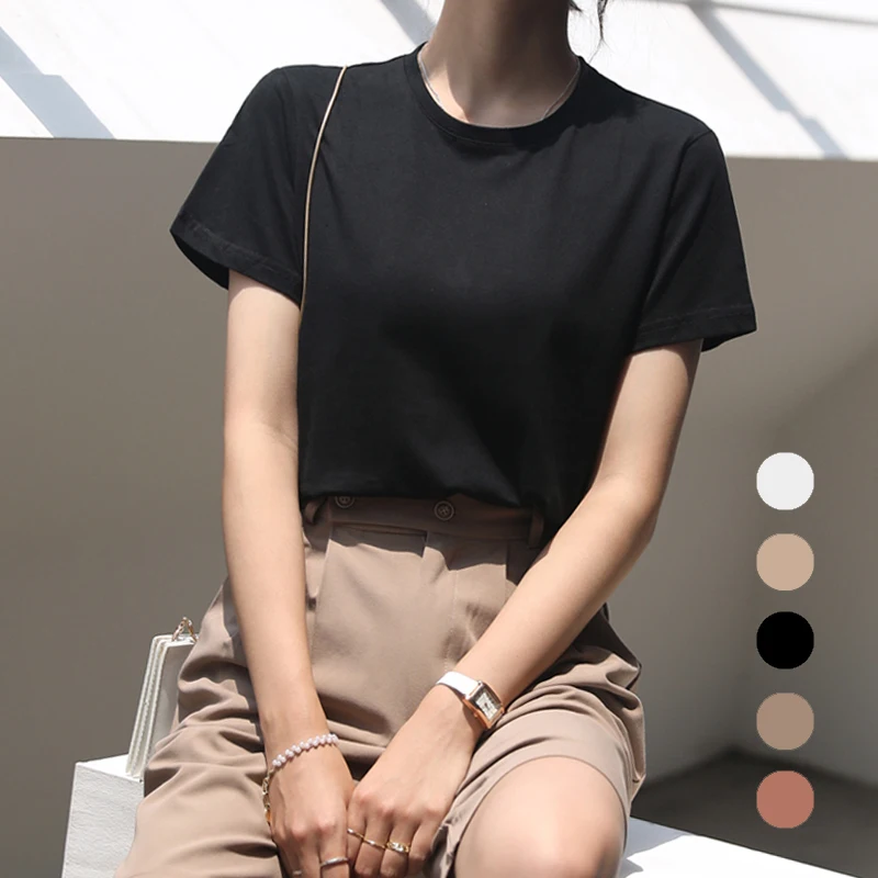 

Korean Solid Casual Loose Tshirt Female Tops oversized T-shirt Cotton T Shirt Harajuku Basic Women Summer New Simplicity