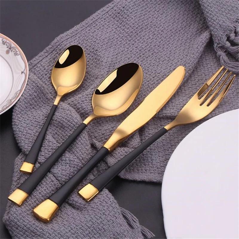 

2021 New 304 Stainless Steel Western Cutlery Gold Black Steak Knife Fork Thick Steel High-end Hotel Household Tableware