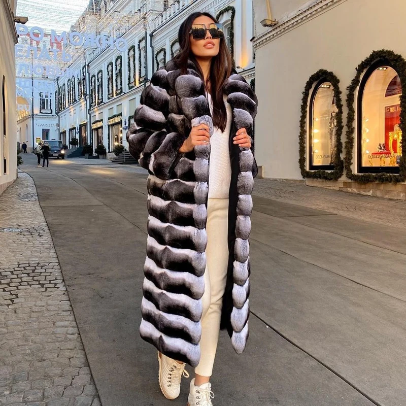 120CM Long Natural Rex Rabbit Fur Coat For Women Winter New High Quality Full Pelt Rex Rabbit Fur Coats Chinchilla Color Outwear