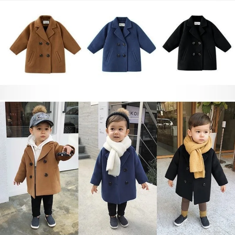 

2-7Y Winter Solid Jackets Boys Girls Woolen Double-breasted Baby Boys Trench Coat Lapel Autumn Kids Outerwear Coats Overcoats