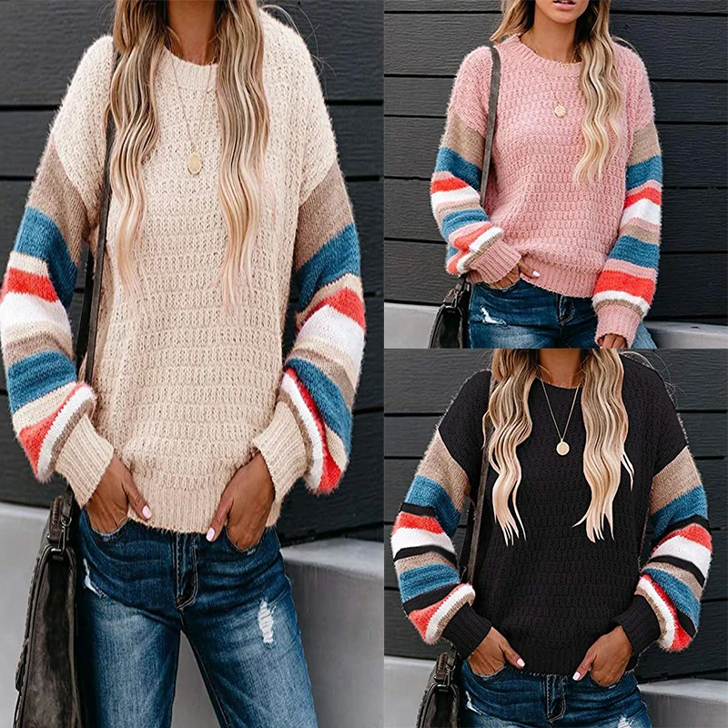 Вязаный свитер с длинным рукавом для женщин в полоску кофта вырезом пуловеры 2020