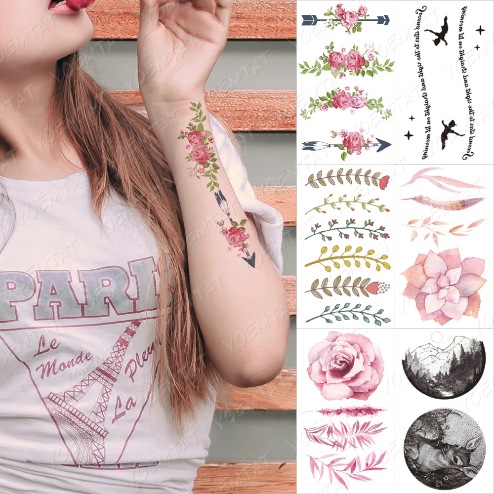 

Waterproof Temporary Tattoo Sticker Rose Peony Flower Wreath Leaf Pink Color Forest Tatto Arm Fake Tatoo Man Woman Child Tattoos