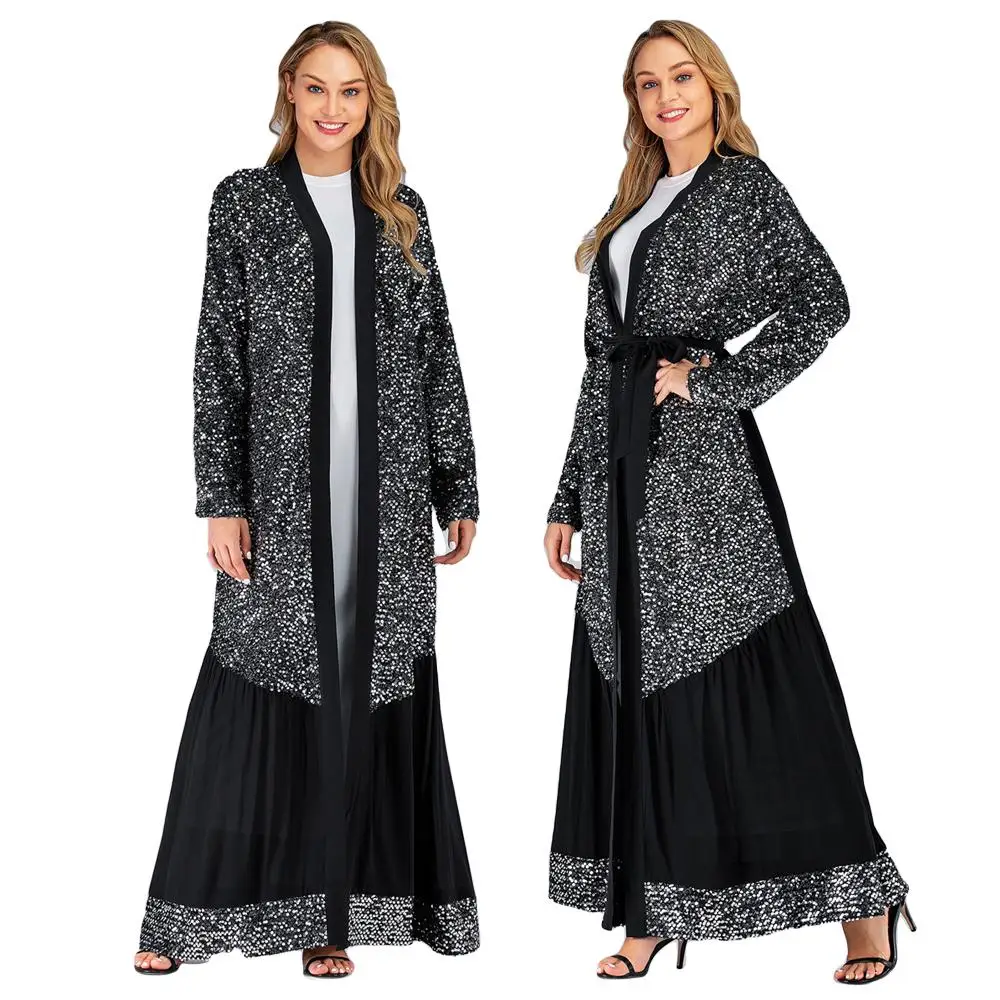 Женское мусульманские длинные платья с блестками кардиган открытой передней