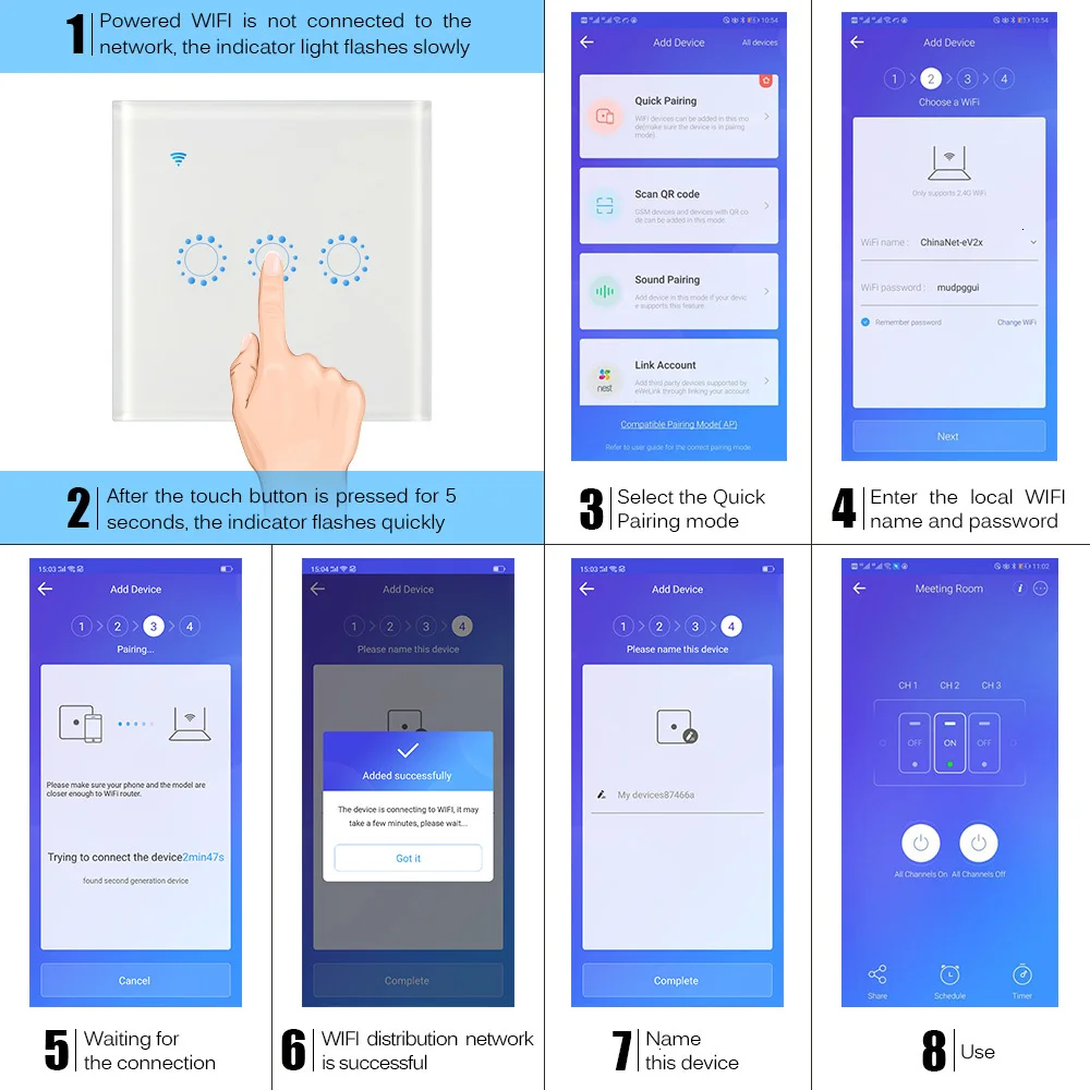 Сенсорный выключатель Стандартный США/ЕС/Австралия настенный 1/2/3 банды Wi Fi