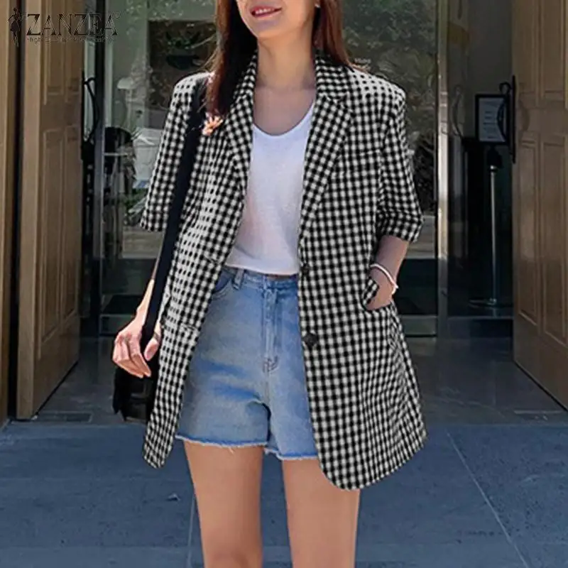 

ZANZEA 2021 Fashion Women's Check Blazers Casual Coats Long Sleeve Outwears Female Single Button Plaid Overcoats Tops