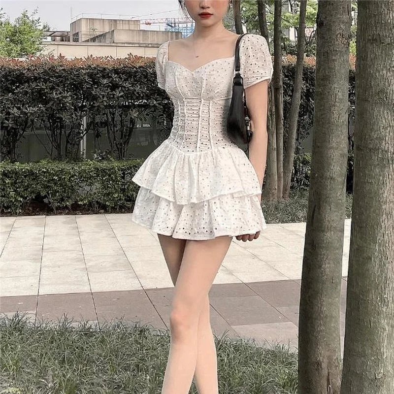 

QWEEK Vintage Sexy Ruffle Dress Women Chic Square Collar White Summer Dresses Party Hollow Out Vintage Corset Ladies Trendy 2021