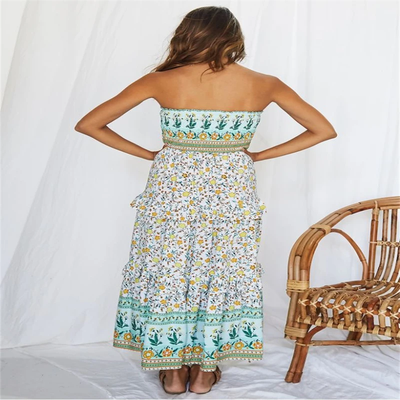 

2021 Green Bohemian Strapless Dress Women's Summer Floral Printed Splice Ruffle Long Maxi Dresses Sexy Beach Party Backless Robe