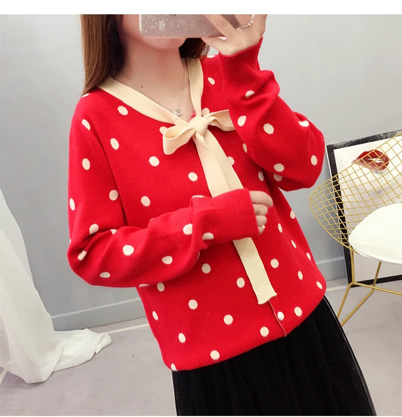 Свитер женский вязаный с v-образным вырезом в горошек бантом 6575 50 |