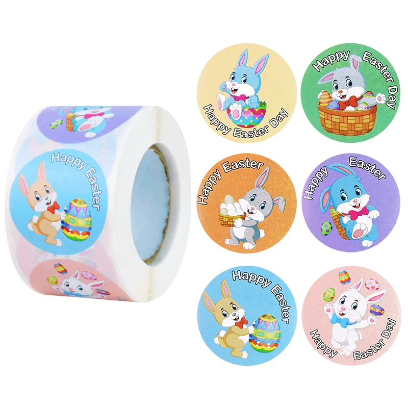 

500p 1.5inch Round Rabbit Bunny Happy Easter Stickers For Gift Bag Box Envelope Seal Label Sticker Easter Decor Handmade Sticker