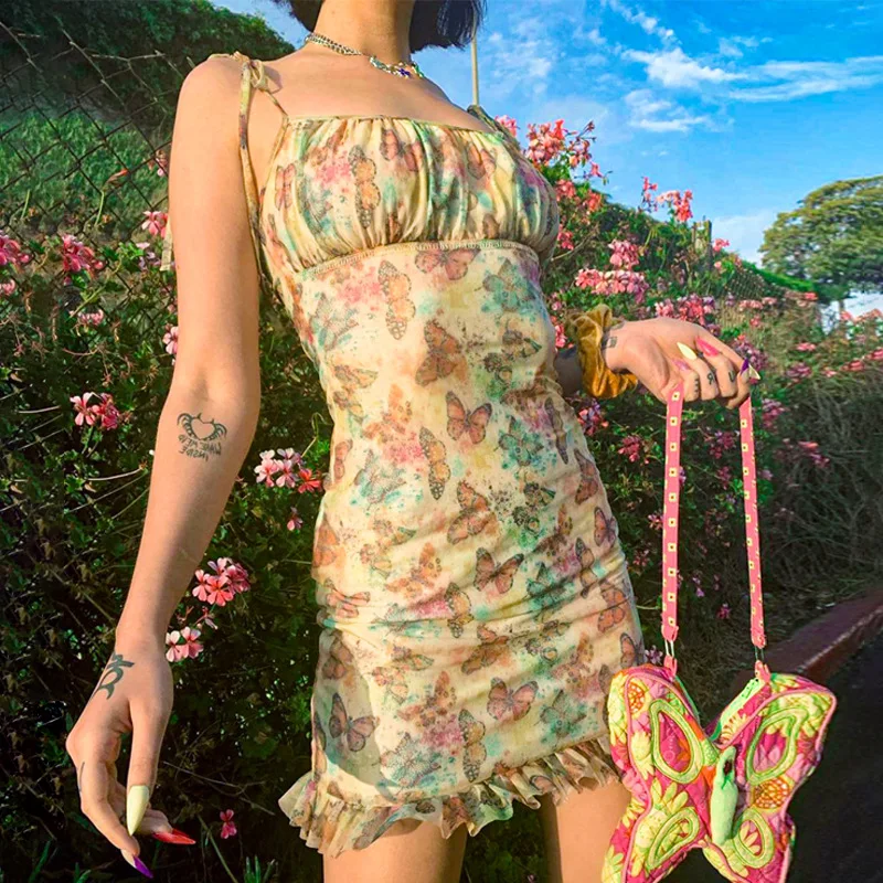

Sweet Cute Basic Graphic Sling Dresses Women High Streetwear 2021 Summer Harajuku Loose Slim Mini Dress Female Party Dress
