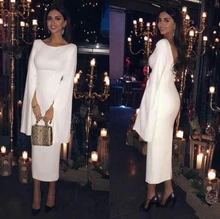 Elegant white tea length Evening Dresses Satin Zipper split long sleeve Evening Gowns Prom Dress robe de soiree فساتين السهرة (1)