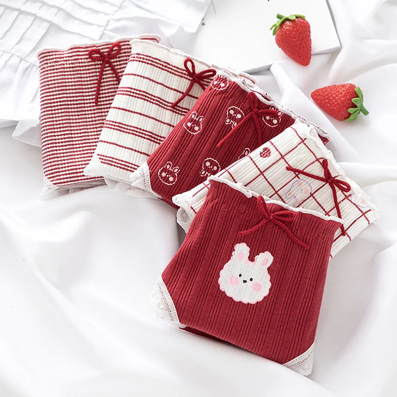 

Cartoon Rabbit Plaid Stripe Girl's Pure Cotton Underwear Cotton Pants Middle Waist Knickers Triangle Briefs Women's Underwear