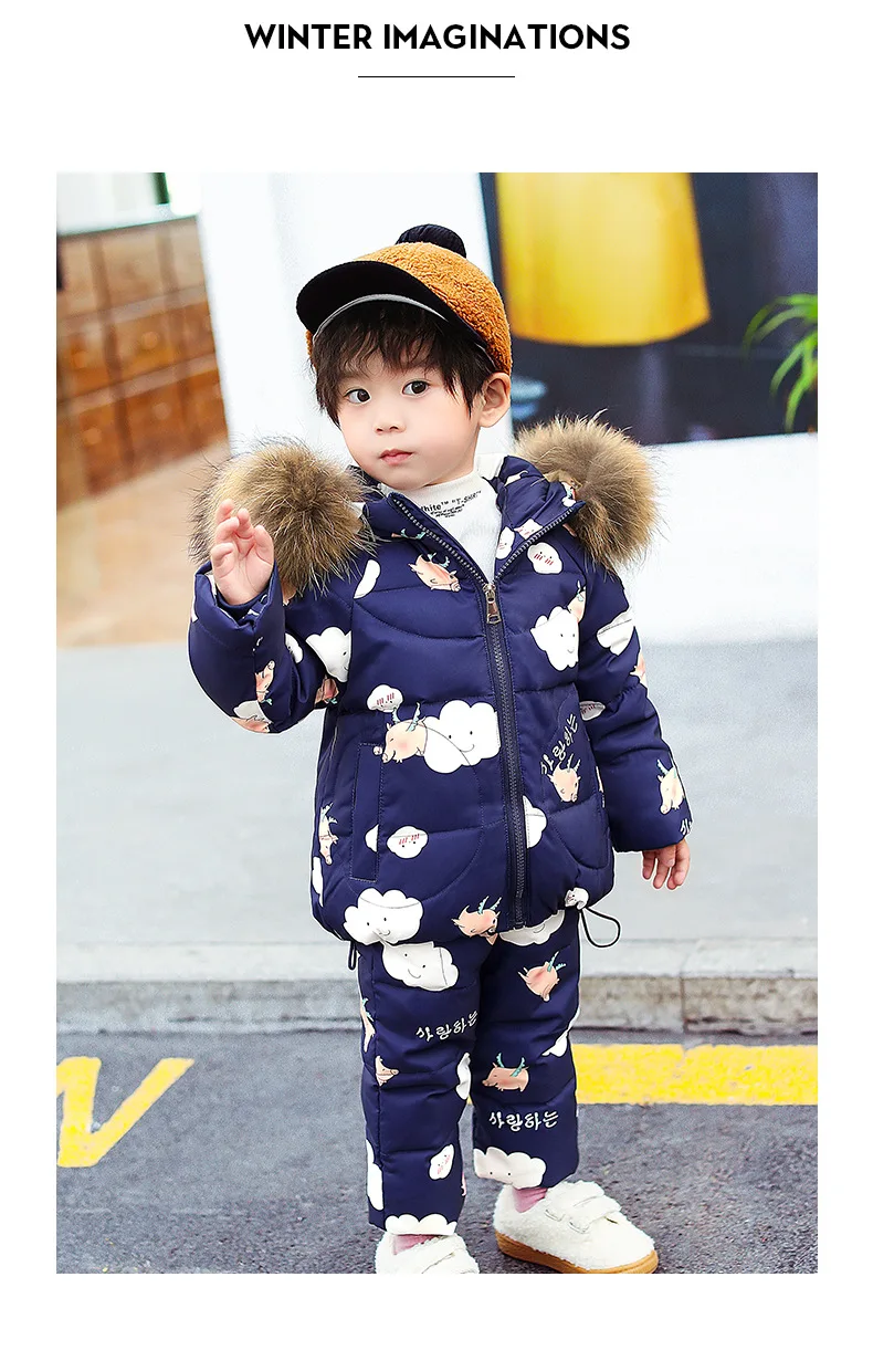 Winter children's down suit Girls pink snow suit Boy ski down suit Baby windproof down jacket+ thick Keep warm down pants