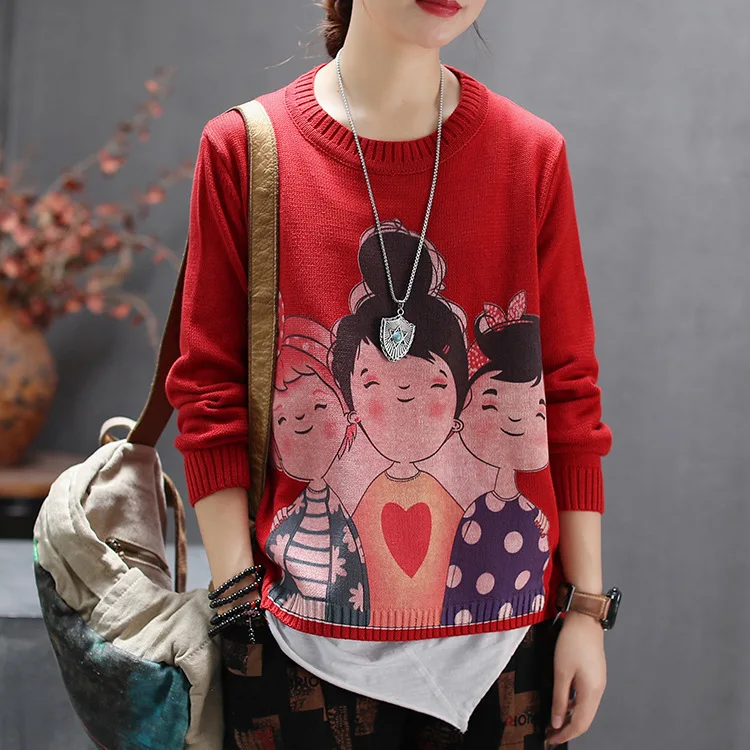 Осенне-зимний свитер Ретро стиль женские вязаные топы трикотаж свободные