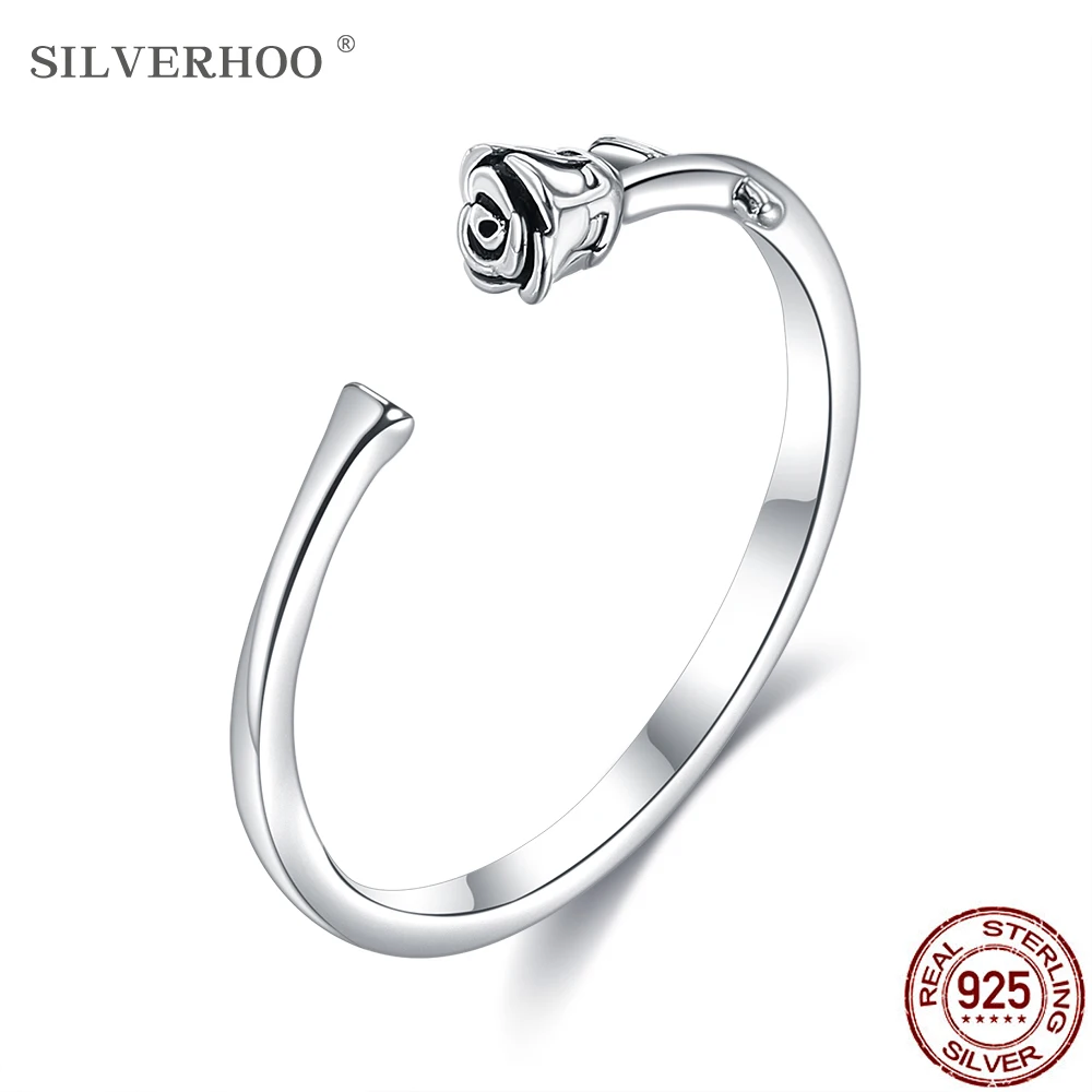 

SILVERHOO Genuine 925 Sterling Silver Jewelry Retro Rose Flower Open Adjustable Finger Rings For Women Romantic Engagement Ring