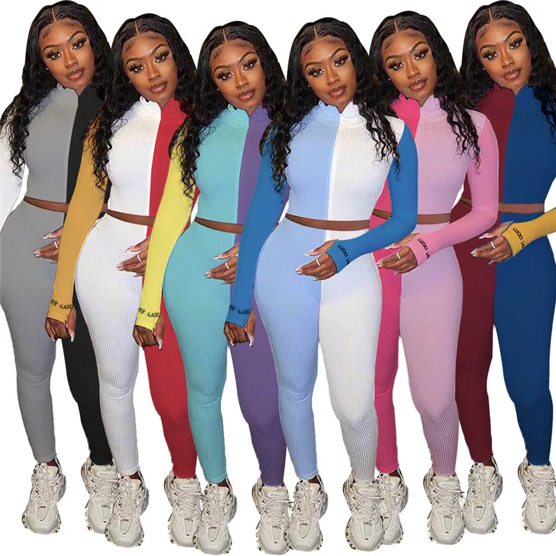 

Lucky Label Outfits for Women 2 Piece Set Zip Top Leggings Patchwork Skinny Stretch Fall Matching Set Girl Wholesale Dropshpping